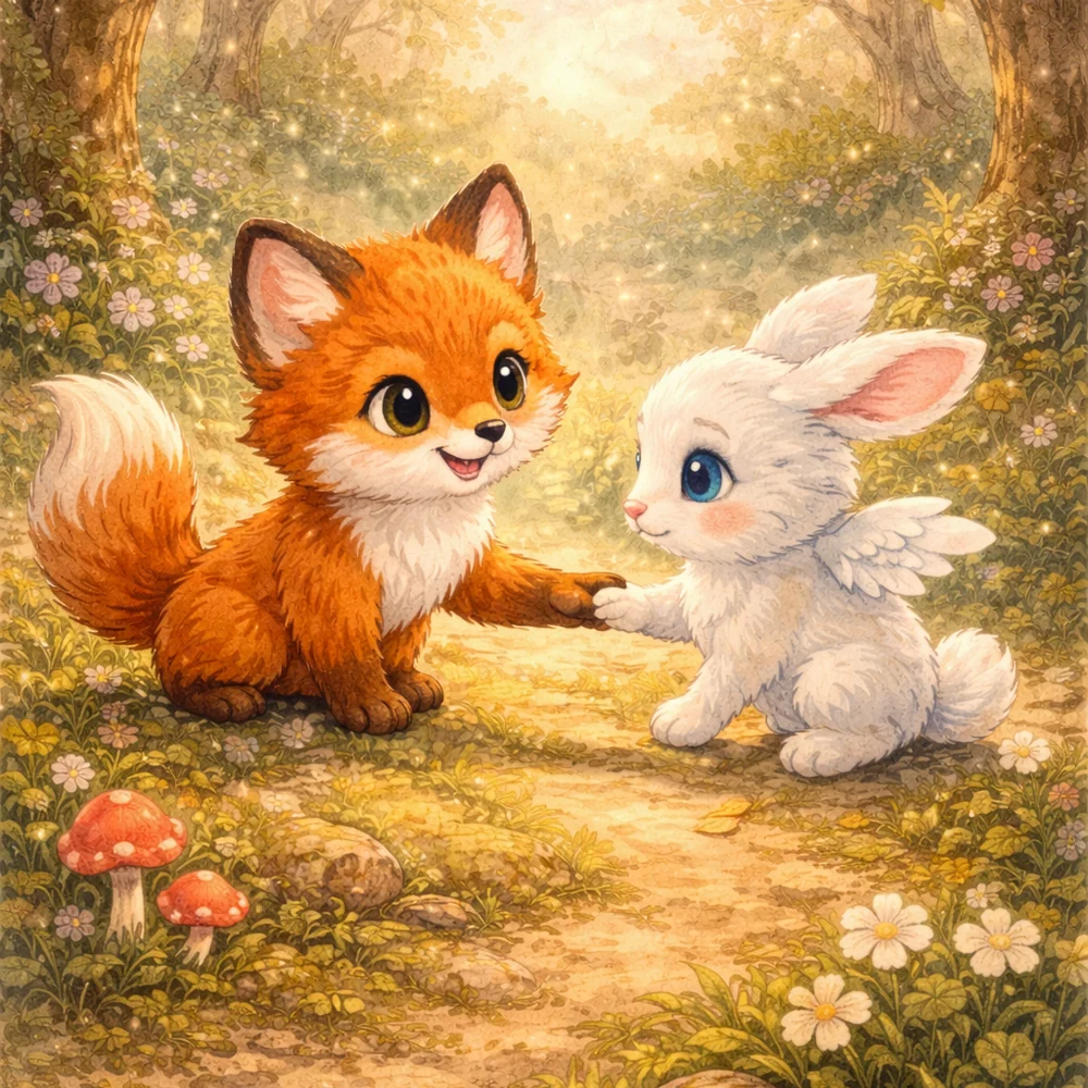 Kiro le renard tend la patte à Plume le lapin ailé
