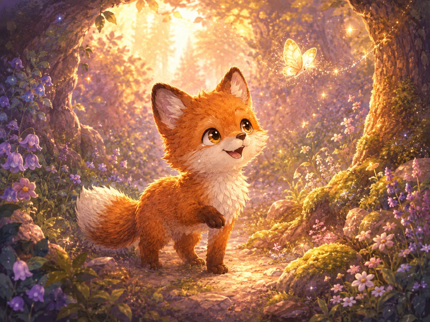 Kiro observant un papillon lumineux dans la forêt