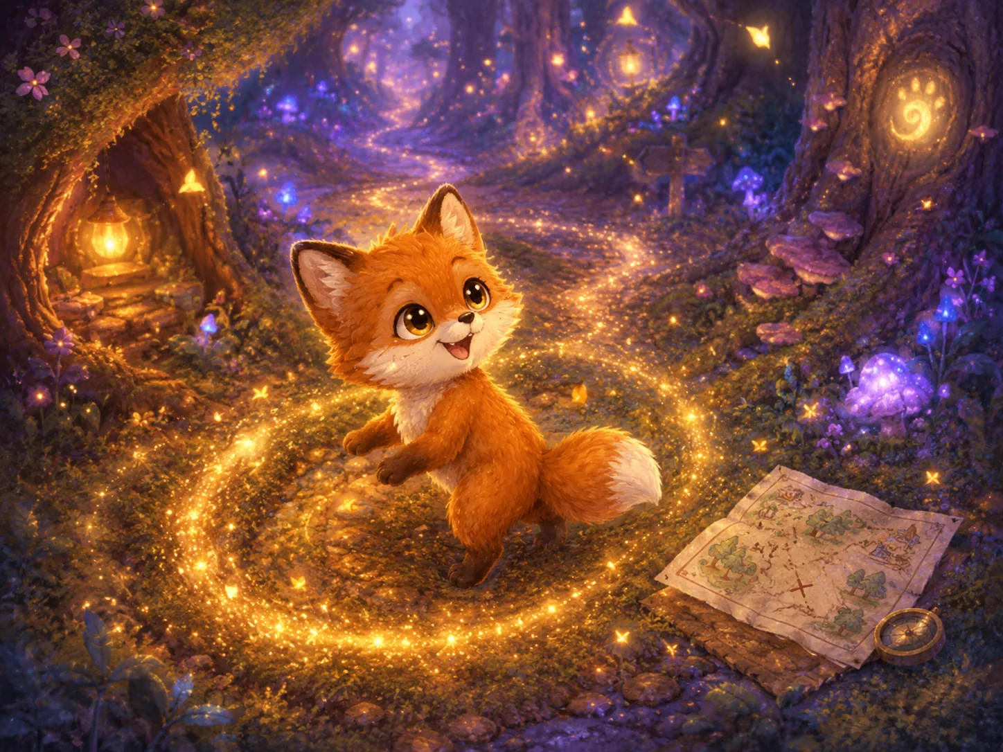 Kiro explorant la forêt avec une carte au trésor