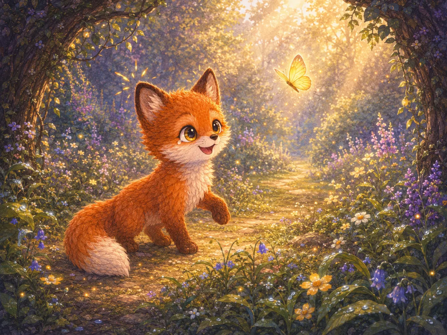Kiro suivant un papillon dans la Forêt des Murmures