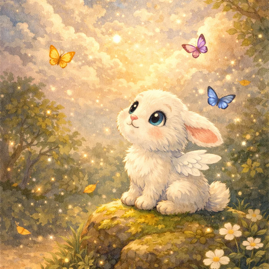 Plume, petit lapin blanc aux yeux bleus et aux petites ailes
